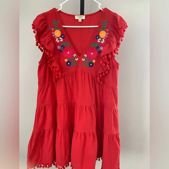 Umgee Red Embroidered Dress with Floral Details - Picture 3 of 16